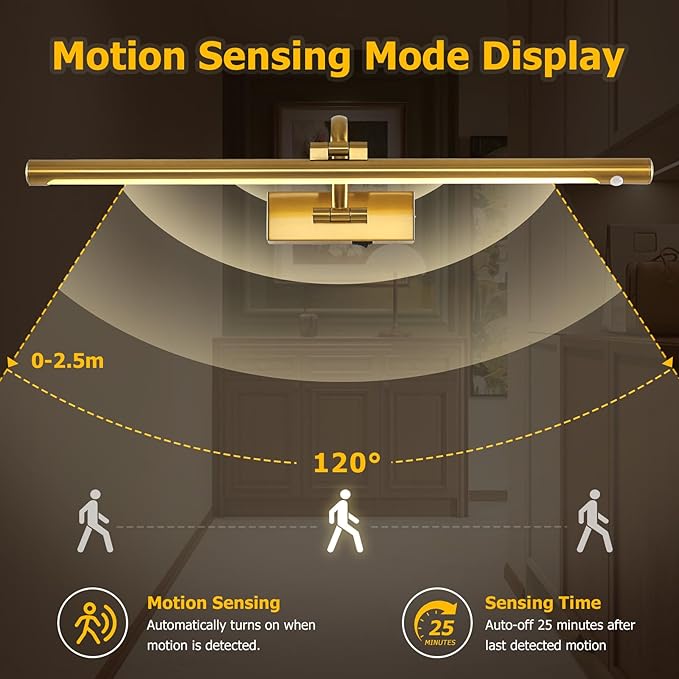 Wireless Brass Picture Lights for Wall Motion Activated, Motion Sensor Art Lights Auto-Off Gallery Lights for Portraits Display 24 Inch 5W Warm White