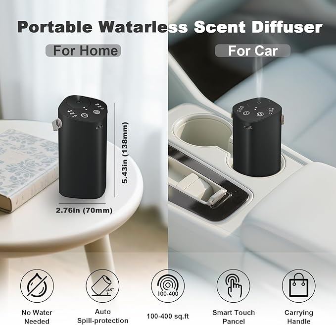 Waterless Essential Oil Diffuser with Handle, Scent Diffuser for Car Home Office Bathroom with Timer, Small Rechargeable Aromatherapy Diffuser, Portable Cordless Aroma Car Diffuser, Black