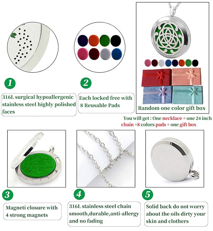 Premium Aromatherapy Essential Oil Diffuser Necklace,Celtic Tribal Totem Locket Pendant with 8 Pads + 24" Chain - 316L Stainless Steel Jewelry Gift for Birthday Christmas