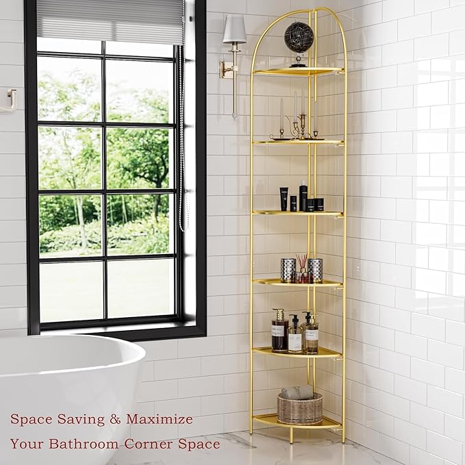 Crofy Foldable 6 Tier Corner Shelf, Metal Corner Plant Stand with Gold Frame and Gold Shelves, Corner Display Rack Multipurpose Shelving Unit for Living Room, Bedroom, Bathroom