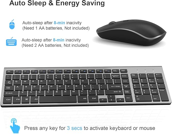 JOYACCESS Wireless Keyboard Mouse Combo, 2.4G Compact and Ultra Slim Wireless Keyboard and Mouse for Windows, Computer, Desktop, PC, Laptop (Grey)