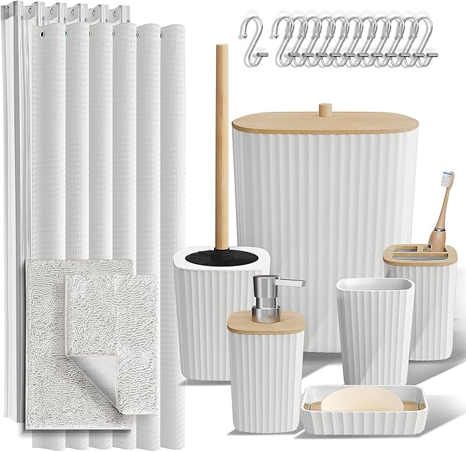 Clara Clark Bathroom Accessories Set - 22PC Bathroom Set, Bathroom Sets with Shower Curtain and Rugs, White Shower Curtain Set with Bathroom Trash Can