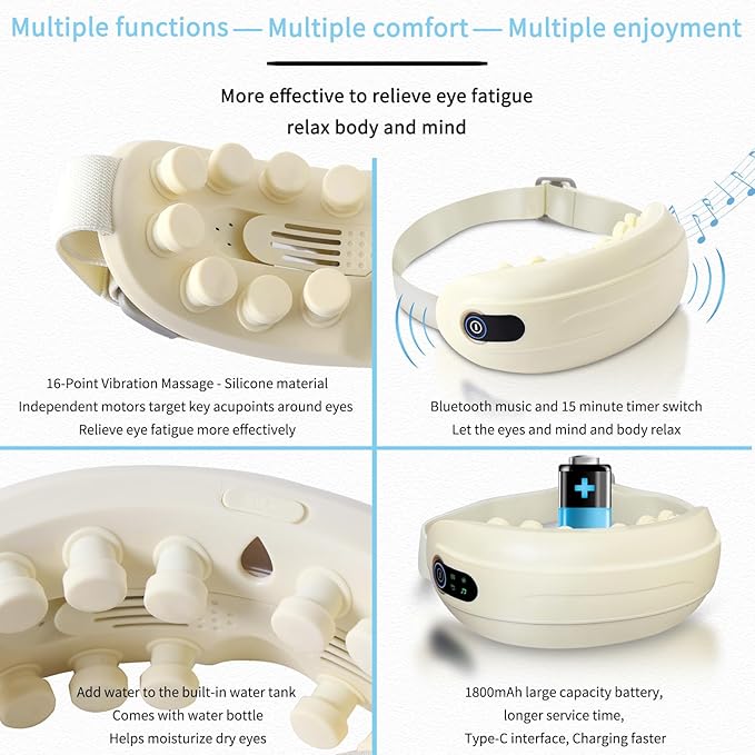 Steam Eye Massager with Heat, 4 Modes of Vibration Massage - Bluetooth Music Electric Massager Lightweight & Portable, Relieves Fatigue, Type-C Fast Charging, Gifts