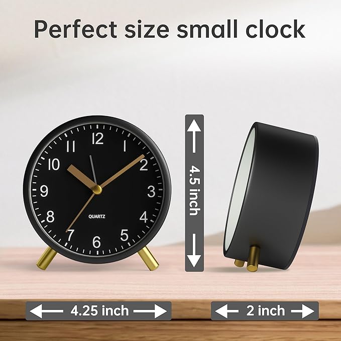 Analog Alarm Clock, 4 inch Super Silent Non Ticking Small Clock with Night Light, Battery Operated, Simple Design, easy setting for Office, Bedroom, Bedside, Desk, teens, elders, kids, adult, Black