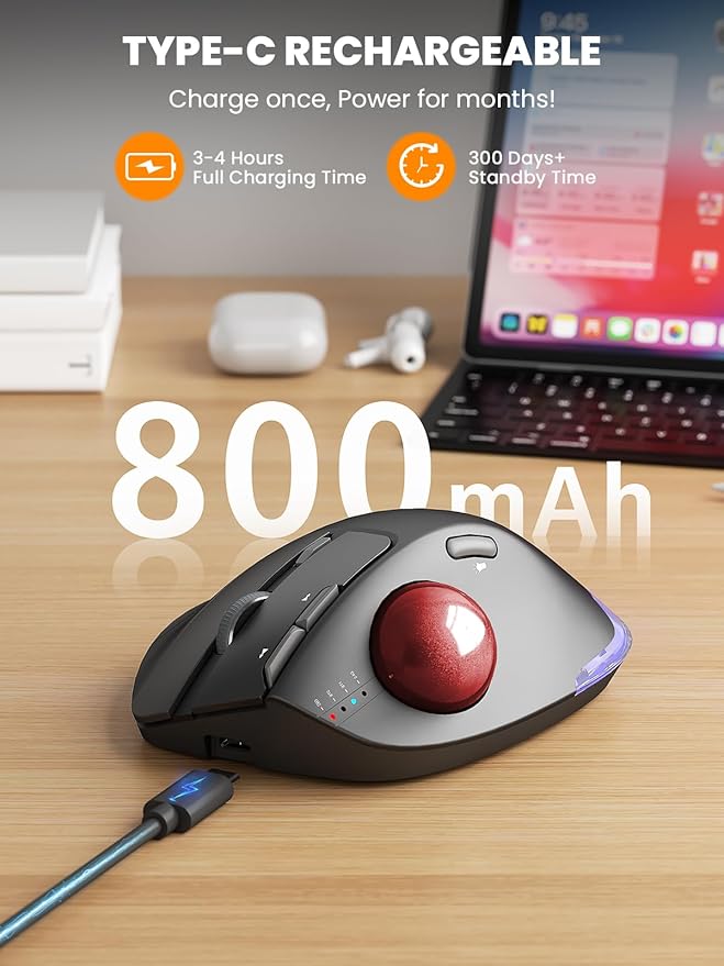 Wireless Trackball Mouse, Ergonomic Bluetooth Rechargeable Computer Mouse, Backlit Rollerball Thumb Laptop mice with 5 Level DPI, Adjustable Angle, 3 Devices Connection for PC, Windows - Red Ball