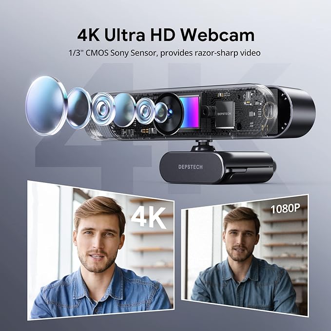 DEPSTECH Webcam 4K, Zoomable Webcam with Microphone and Remote, Equipped with Sony Sensor, 3X Digital Zoom, Noise-Canceling Mics, Auto-Focus Computer Camera for PC/Mac/Laptop/Zoom/Teams/OBS/Google