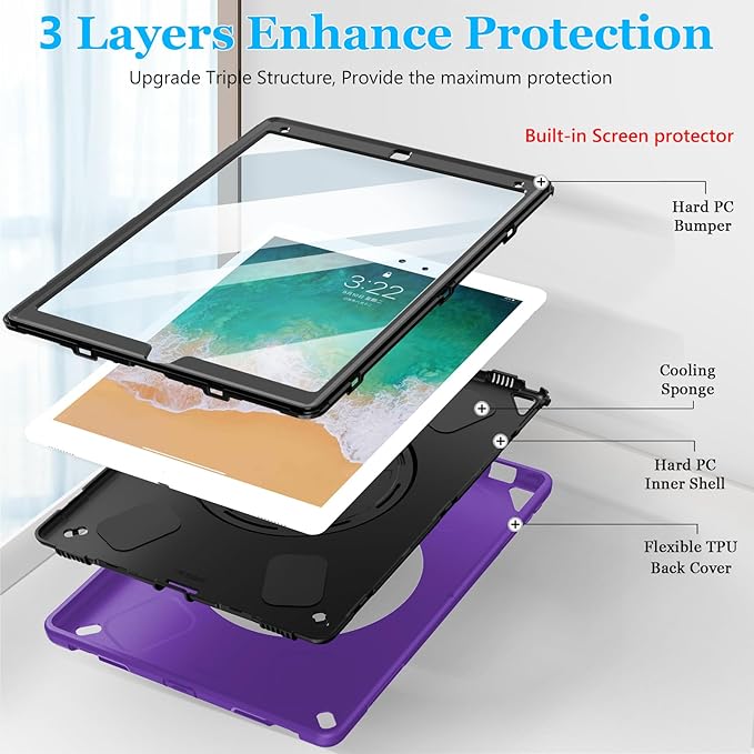 Case for iPad Pro 12.9 2nd Generation 2017 & 2015 1st Generation, Heavy Duty Rugged Shockproof Protective Cover w/ 360° Rotatable Stand + Handle Hand & Shoulder Strap + Pencil Holder-Purple