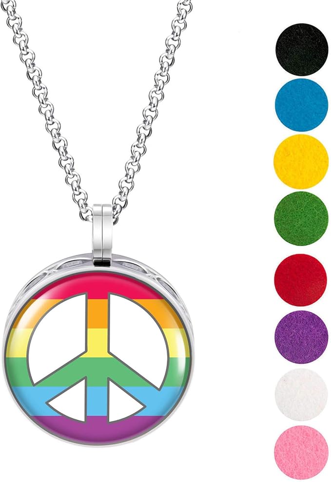 Wild Essentials Rainbow Peace Sign Enamel Finish Essential Oil Diffuser Necklace Gift Set - Includes Aromatherapy Pendant, 24" Stainless Steel Chain, 8 Color Refill Pads