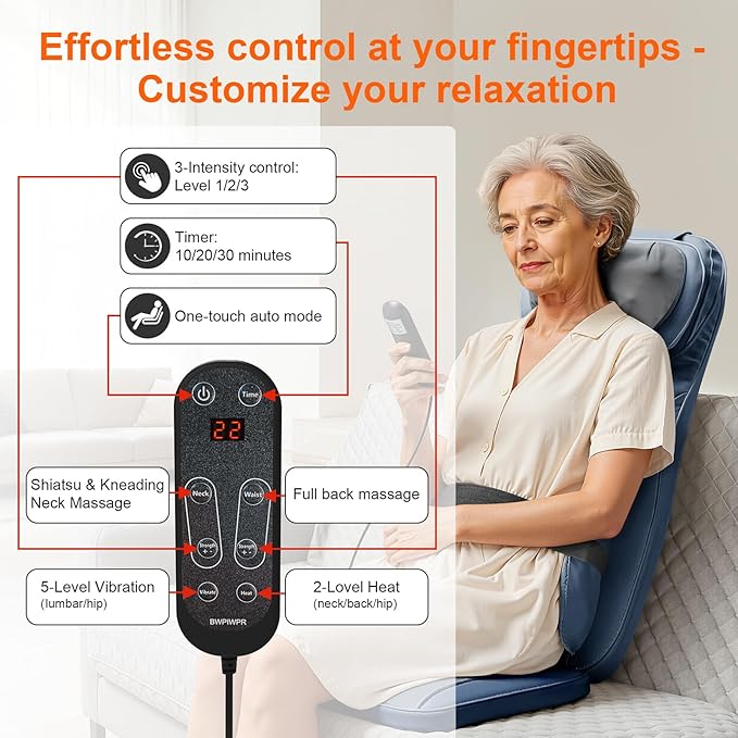 4D Shiatsu Neck Back Massage Cushion w/Heat for Pain Relief - Kneading Back Massager w/Vibration & Dual Necks Head for Relieves Muscle Stiffness from Long Sitting for Office Home Use, Blue