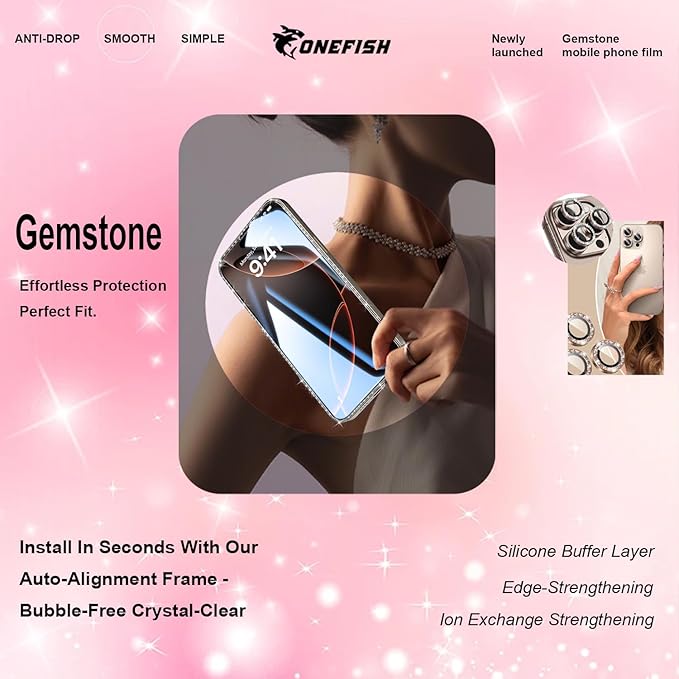 OneFish Women Fashion Privacy Screen Protector for iPhone 13 [6.1 inch]+ Camera Lens Protector, Sparkling Diamond Bling Edge 9H Tempered High-Definition Glass