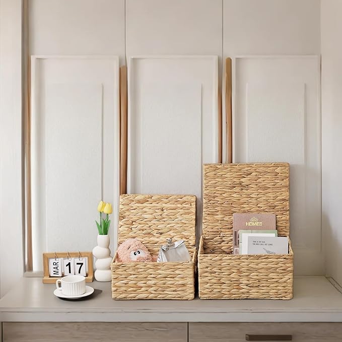 Rectangular Wicker Storage Baskets with Lids,Multi-size 3 Pack Natural Water Hyacinth Wicker Nesting Baskets,Decorative Storage Ratten Boxes for Organizing,Storage,and Gifts