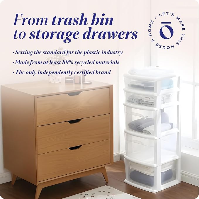 HOMZ 2-Pack Drawer Tower, 5-Tier Clear Plastic Storage Organizer Unit, White Frame - Multi-Purpose Container Drawers for Bedroom, Bathroom, and Office Organization