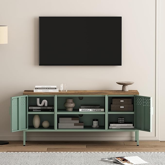 Manhattan Comfort Landen 47" Modern Metal TV Stand with Storage Cabinets & Open Shelves, Holds Up to 40" Screen, TV Console with Natural Wood Top, Cable Management, Adjustable Legs, Green