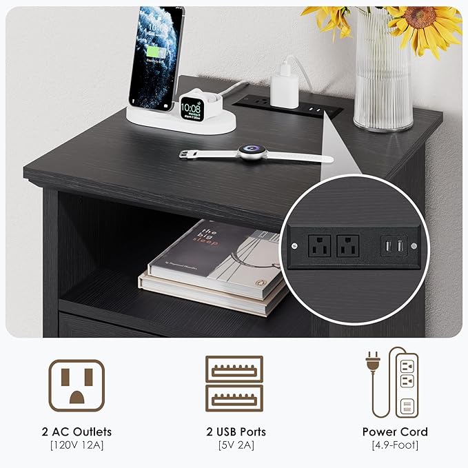 HOMMPA 18'' Farmhouse Nightstand with Charging Station, Bedside Tables with Storage, Bed Side End Table with Open Shelf, 2 Drawers Wood Night Stand Dresser for Bedroom, Living Room, Black