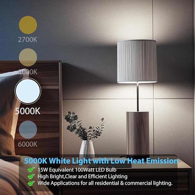dalattin 12 Pack LED Bulbs Daylight White 5000K, 100 Watt Equivalent A19 Standard Bulbs, E26 Base, 1500 LM, Efficient 15W Energy Saving, Non-Dimmable, 80+ CRI, 120V, UL Listed, for Living Room, Office