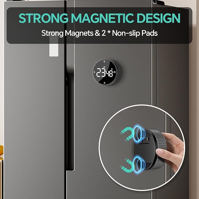 Digital Kitchen Timer, Large Display Magnetic Countdown Countup Timer, 3 Preset Times (5, 15, 25),Volume & Brightness Adjustable for Cooking Classroom Studying, Easy for Kids (Black,2Pcs)