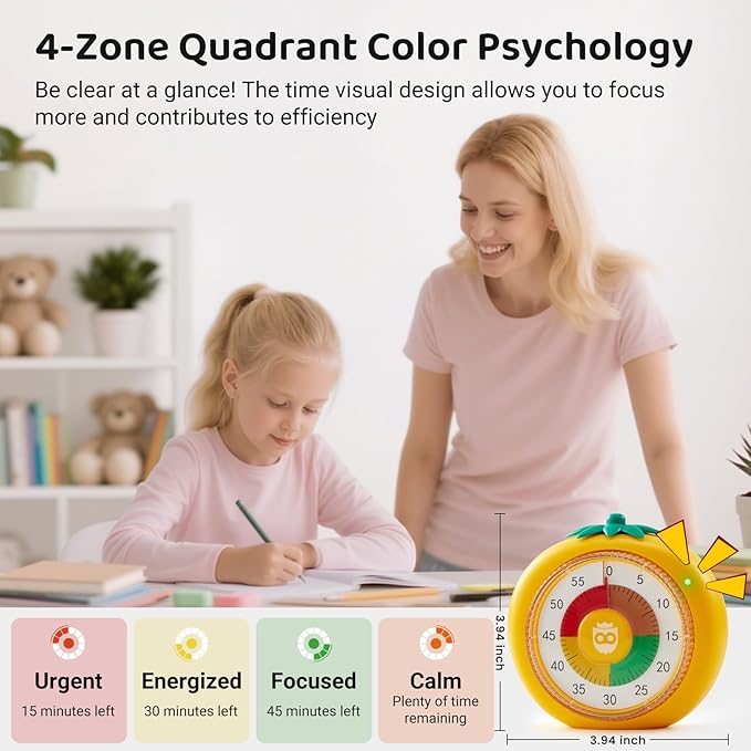 Visual Timer for Kids, 60-Minute Countdown Timers for Classroom Office Kitchen with Silent Operation, Kids Timer for Teaching with Cute Design, 4-Color Zone Pattern Pomodoro Timers