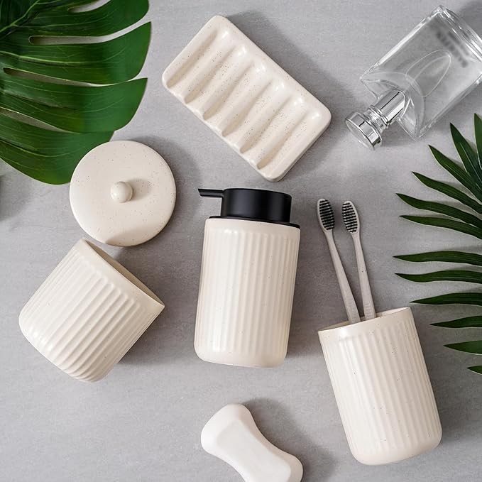 Ceramic Bathroom Accessories Set,Lotion Soap Dispenser and Toothbrush Holder Set, Soap Dish, Apothecary Jars,Rustic Farmhouse Decor, Bathroom Home Decor(Beige Set, Liquid)
