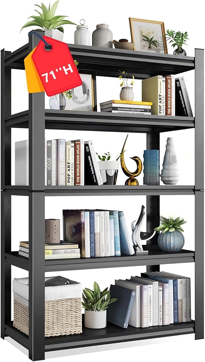 71-Inch 5-Tier Metal Bookshelf - Adjustable Industrial Bookcase for Living Room, Office & Bedroom,71" Hx45.3 Wx15.7 D