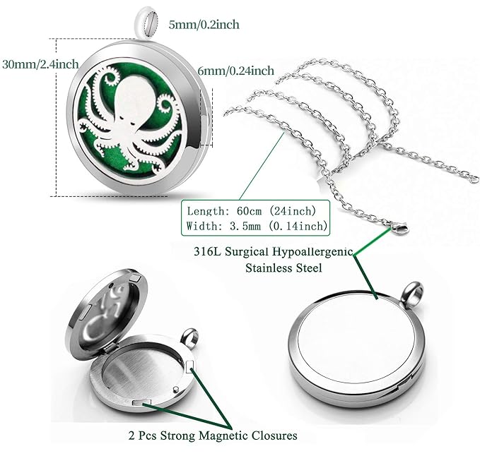 Essential Oil Diffuser Necklace Stainless Steel Aromatherapy Octopus Animal Locket Pendant with 24" Chain & 8 Pads - Birthday Christmas Perfume Jewelry Gift for Women Men