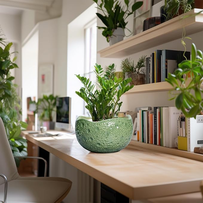 Ceramic Pots for Plants - 10 Inch Plant Pot for Indoor Outdoor, Round Bonsai Pots with Drainage Hole, Modern Planter, Decorative Flower Pot, Living Room Decor, Gifts for Plant Lovers, Green