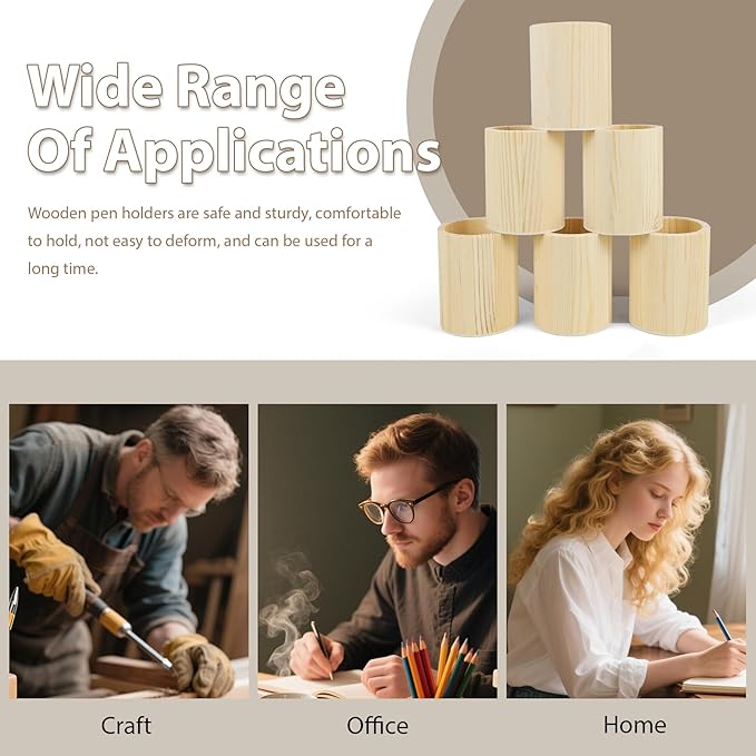 6 Pack Wood Pen Holder Unfinished Wooden Pencil Holder Pine Wood Pen Holder Stand for Desk Office Supplies Makeup Brushes Organizer (Round)