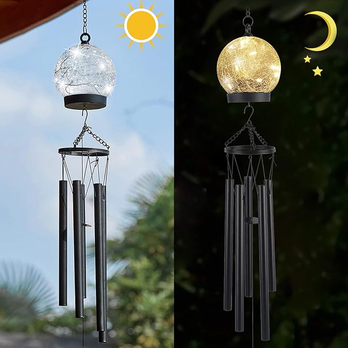 42 Inch Wind Chimes Outdoor Solar Lights, 15 Twinkle Warm White LED Large Sympathy Chime Crackled Glass Ball Birthday Gifts for Women Mom Grandma Decorative Hanging in Garden, Yard, Patio, Landscape