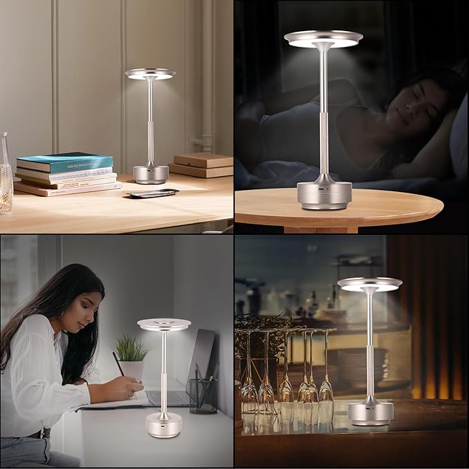 Rechargeable Cordless LED Table Lamps Touch Sensor Light, 3-Levels Portable Dimming Wireless Battery Operated Lamp，Nightstand Lamp/Night Light/Restaurant Table/Outdoor/Coffee/Bar (Silver)