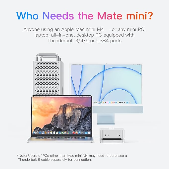 Mate Mini-A 2TB for Mac mini M4 Dock, 80Gbps Thunderbolt 5 Aluminum Alloy Stand with Dual M.2 PCIe SSD Slots (Pre-installed 2TB NVMe, Expandable to 16TB, 2.5G LAN, USB-A 3.0, SD4.0, Silver)