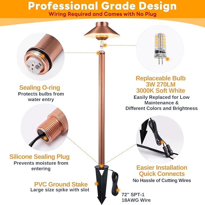 Outdoor Brass Pathway Lights, Low Voltage Landscape Path Light Wired, 12v Walkway Lamp LED Waterproof, Hat-top Copper for Outside Garden Yard Driveway with 3W 270LM 3000K G4 Bulb (4 Pack)