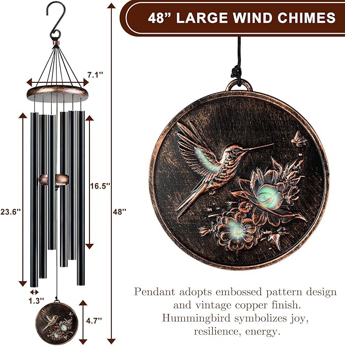 Large Wind Chimes for Outside, 48" Vintage Hummingbird Deep Tone Wind Chime Outdoor Clearance with Heavy Tubes, Patio Porch Balcony Decoration, Garden Hanging Decor Gifts for Women Men