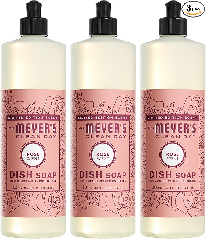 MRS. MEYER'S CLEAN DAY Liquid Dish Soap, Biodegradable Formula, Limited Edition Rose, 16 fl. oz - Pack of 3