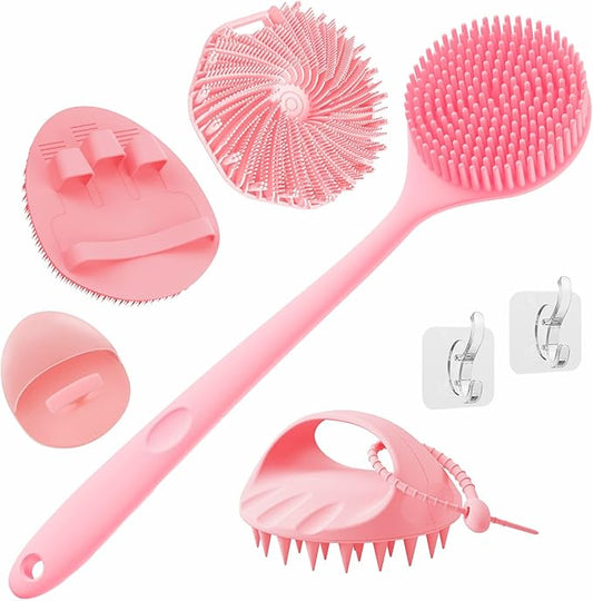 Manmihealth Silicone Back Scrubber & Soft Bath Glove, Silicone Scalp Massager Set 5 PCS, Super-Exfoliating Body Scrubber Shower Brush & Shampoo Brush Combination, with 2 Free Hooks (Style 2 Pink)