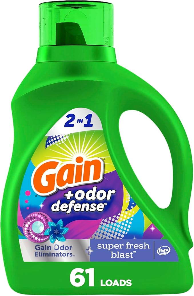 Gain + Odor Defense Liquid Laundry Detergent, Super Fresh Blast Scent, 88 Oz, 61 Loads, HE Compatible