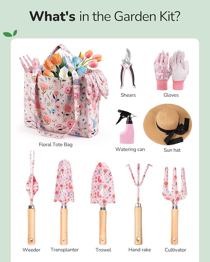 Gardening Tools, 10-Piece Gardening Gift Set for Women, Rust-Proof & Heavy-Duty Tools with Floral Organizer Bag, Fashionable & Thoughtful Gift for Garden Women (Pink)