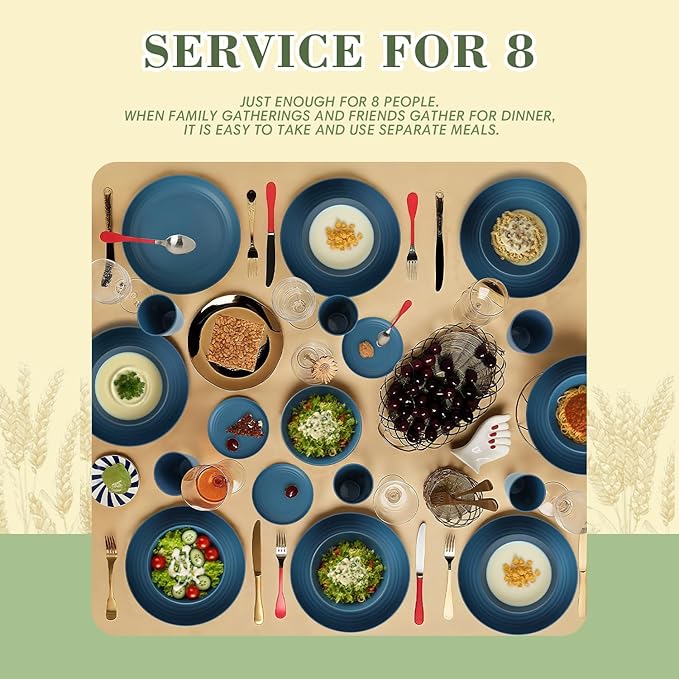 Wheat Straw Dinnerware Set of 32,Unbreakable Dinner Plates and Bowls Dishes Sets Service for 8,Dishwasher Safe Dinnerware Sets for Kitchen and Camping.Navy Blue