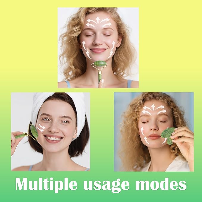 Jade Roller Gua Sha Tools – Nature Gua Sha Facial Tool Skin Tightening Face Massager Anti-Aging Jade Face Roller Puffiness Reducing Guasha Stone for Women Men（Green）