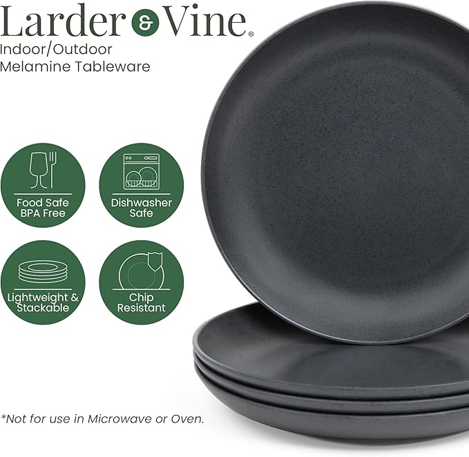Larder & Vine 12-Piece Melamine Dinnerware Set: Durable, Lightweight, Break-Resistant Plates & Bowls – Stylish, Non-Toxic, Dishwasher Safe – Ideal for Everyday Use, Indoor & Outdoor Dining – Black