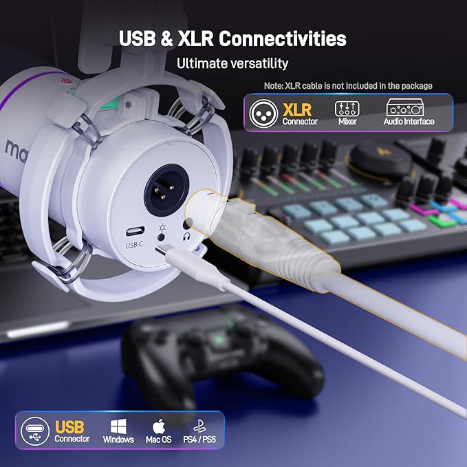 MAONO XLR/USB Dynamic Microphone Kit, RGB Podcast Mic with Software, Mute, Gain Knob, Volume Control, Boom Arm for Streaming, Gaming, Voice-Over, Recording-PD200XS White
