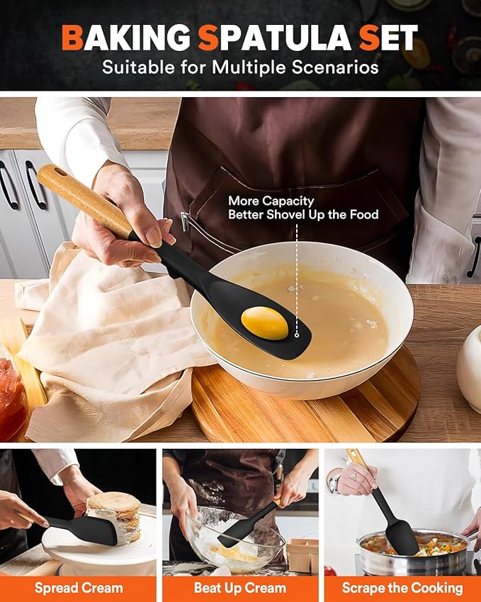 Silicone Spatula Spoon Set, Great for Mixing, Folding, Scraping, and Spreading, Sturdy BPA-Free Matte Silicone, Wooden Handle Rubber Spoonula for Nonstick Cookwares,4 Pack (BLACK)