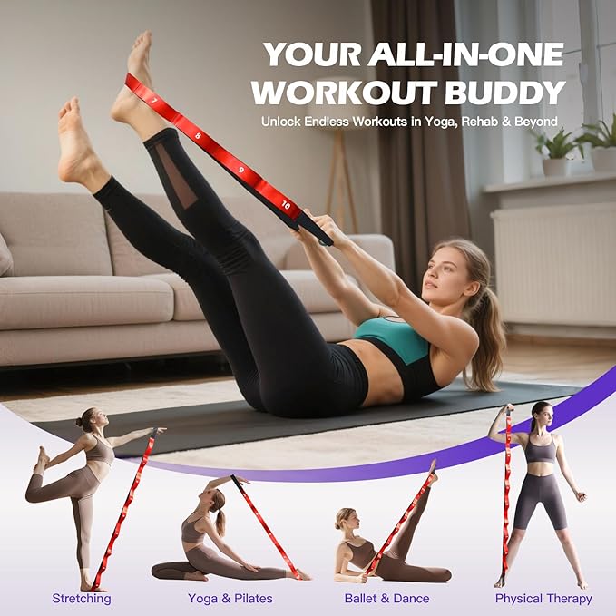 ROSAPOAR Stretching Strap with Loops - Non Elastic Yoga Straps for Physical Therapy, Durable Stretch Bands for Exercise, Flexibility Training, Hamstring & Leg Stretcher, Yoga/Pilates/Gymnastics