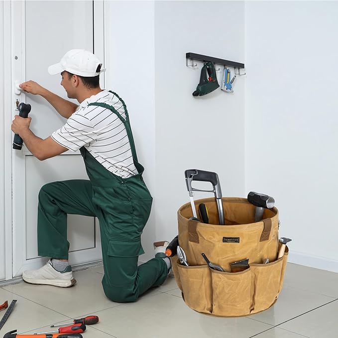 Heavy-Duty 16oz Waxed Canvas Garden Tool Tote with Handle, Wide-Mouth Open Top Design 14 inch Tool Bag | Khaki