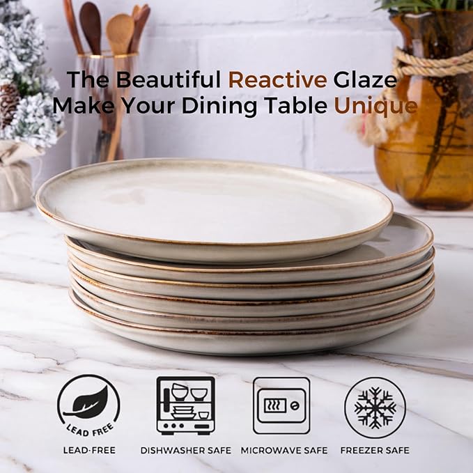 AmorArc Ceramic Dinner Plates Set of 6, 10.5 Inch Handmade Reactive Glaze Stoneware Plates, Rustic Shape Dinnerware Dish Set for Kitchen, Microwave & Dishwasher Safe, Scratch Resistant-Cappuccino