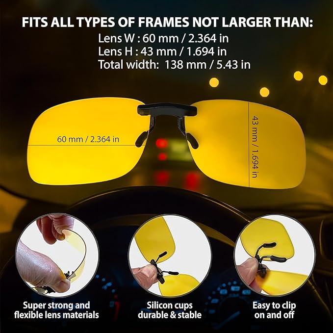 BLUE CUT Clip on Polarized Night Vision, Driving Sunglasses UV 400 Blocker To Wear Over Prescription Glasses