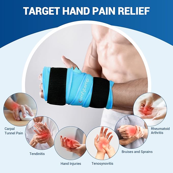 Comfytemp Full Hand Wrist Ice Pack Wrap for Carpal Tunnel Relief, 33" Wrist Brace Reusable Compression Hand Support for Injuries, Tendonitis, Arthritis, Swelling, Cold Hot Therapy