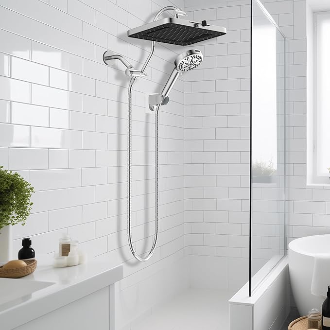 Hibbent Upgraded 5-spray 13'' Shower Head, High Pressure Rainfall Shower Head, Dual Showerhead Combo with 10-mode Handheld Spray, 12'' Adjustable Extension Arm, 71'' Hose, Showerhead Holder, Chrome