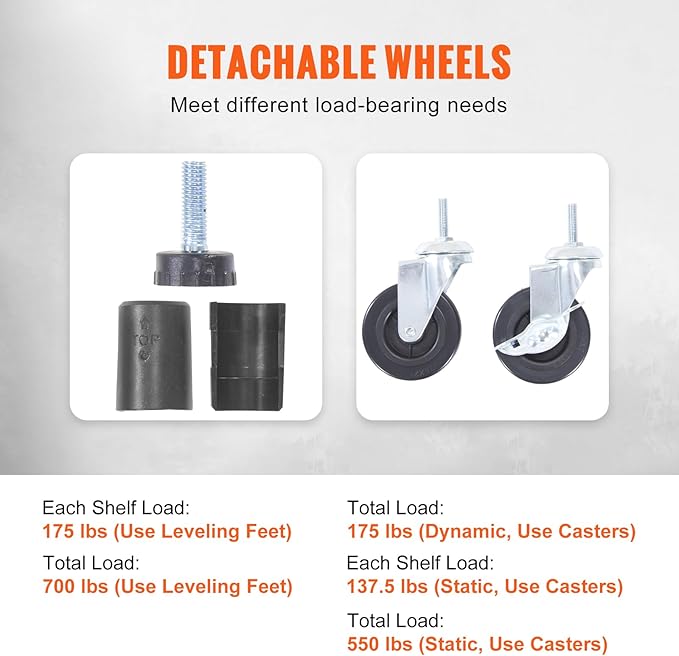 VEVOR Storage Shelving Unit, 4-Tier Adjustable Storage Shelves, 48" L x 18" W x 74" H Garage Storage Shelves, Metal Shelves with Wheels for Kitchen Pantry Basement Bathroom Laundry