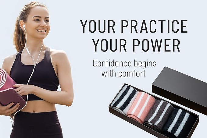 POWER STEP Pilates Grip Socks for Women, Non-Slip Cotton Crew Yoga Socks for Pilates, Dance, Workout, Barre and Home, 4 Pairs