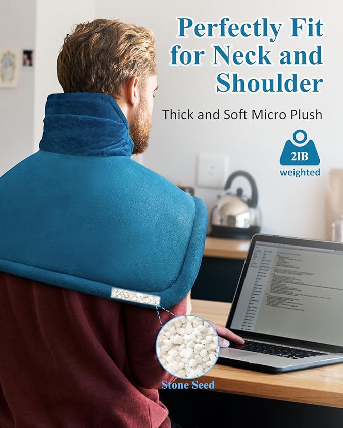 Heating Pad for Neck Shoulders Pain Relief, Birthday Gifts for Men Dad Husband Elderly, Electric Weighted Heated Wrap 6 Heat Settings 4 Timers Auto Off, Christmas Stocking Stuffers for Women Mom, Blue