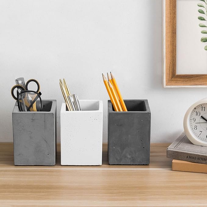 MyGift Pen Holder Pencil Holder For Desk,Pen Cup Holder For Desk,Concrete Desktop Pencil Cup,Modern Gray-Tone,Set of 3